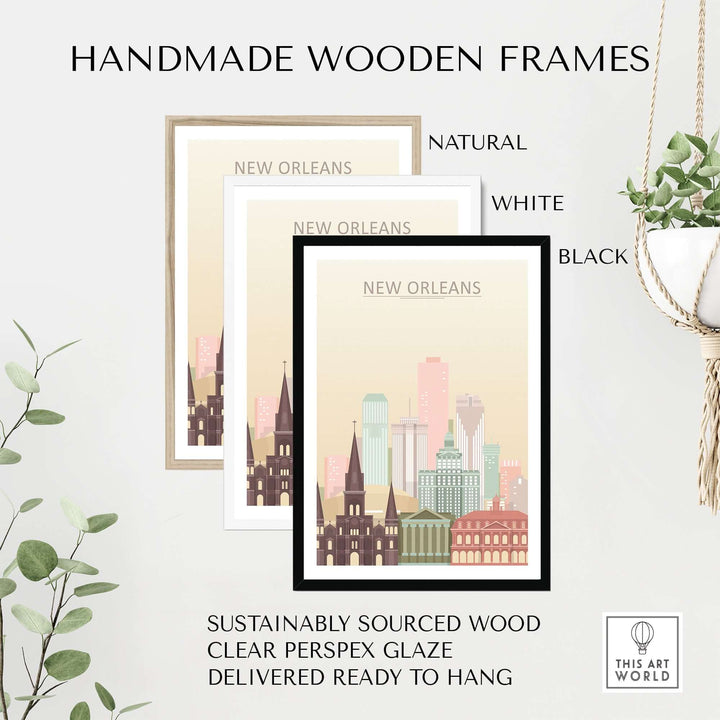 Three handmade wooden frames in natural, white, and black showcasing a New Orleans skyline print.