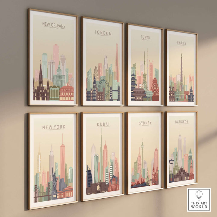 Gallery of city skyline prints including New Orleans, London, Tokyo, Paris, New York, Dubai, Sydney, and Bangkok.