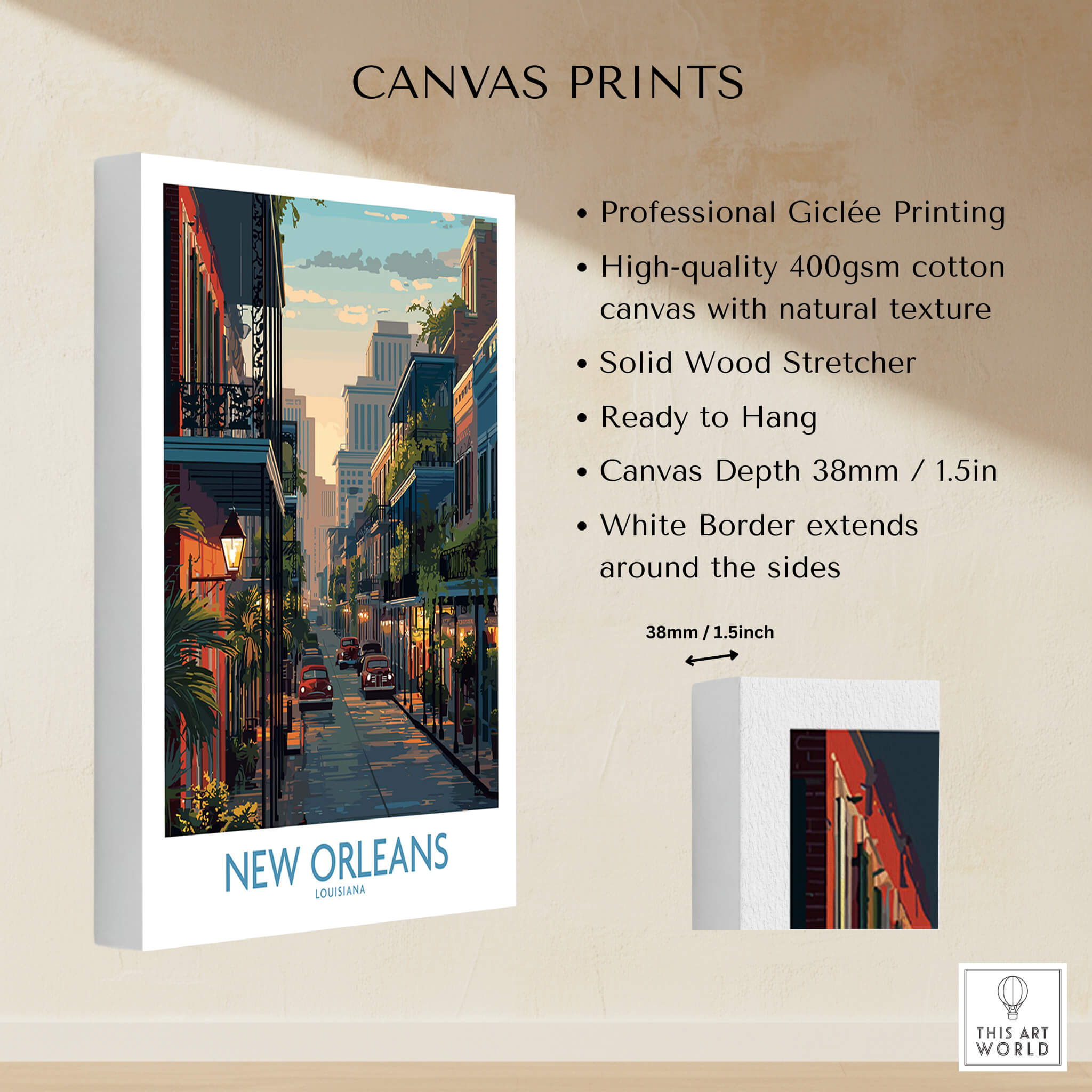 New Orleans Poster | Iconic Louisiana Cityscape Canvas Print featuring vibrant street scene and classic architecture.