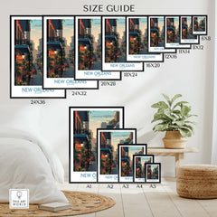 New Orleans Poster | Iconic Louisiana Cityscape Canvas Print size guide showcasing various print options.