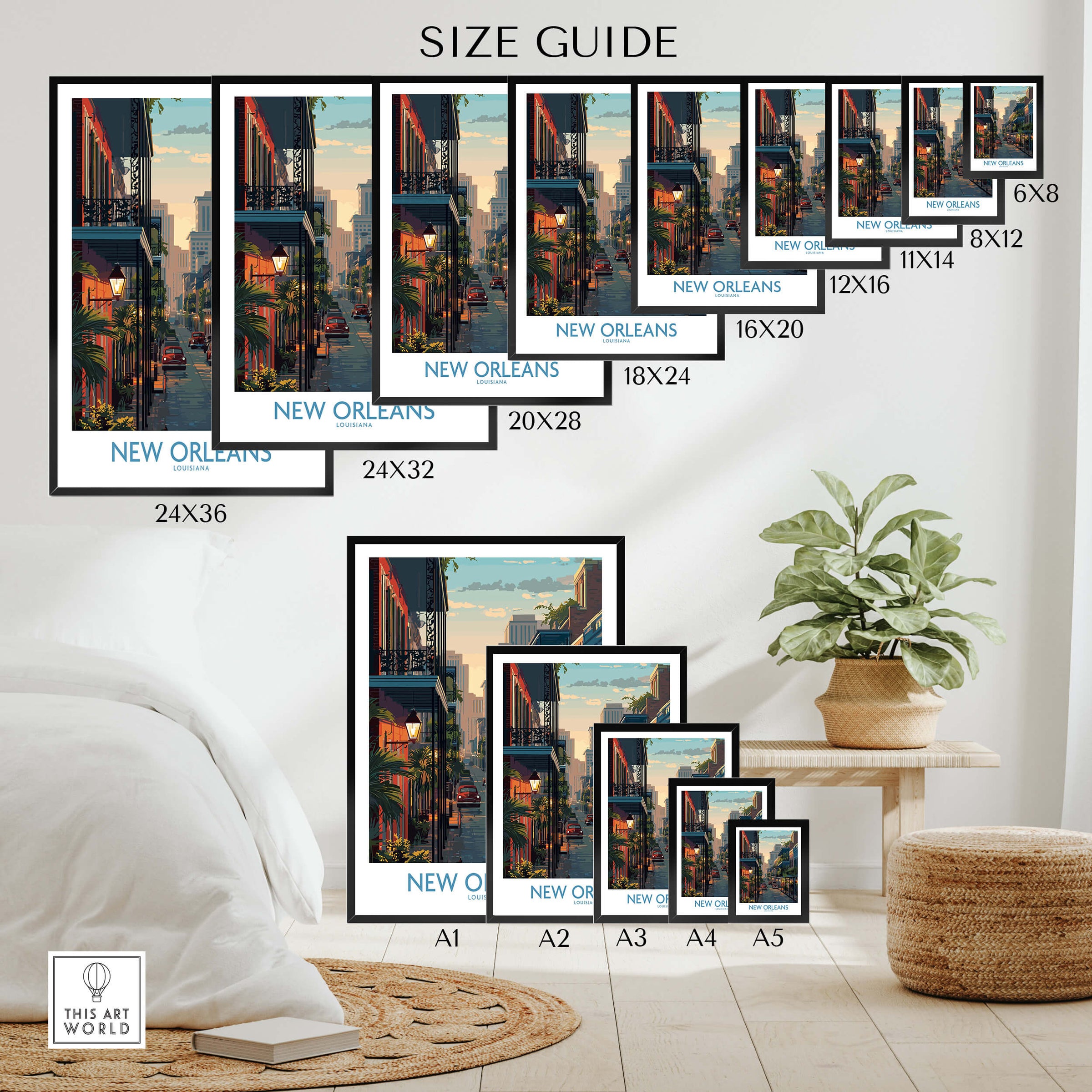 New Orleans Poster | Iconic Louisiana Cityscape Canvas Print size guide showcasing various print options.