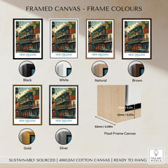 Framed canvas options for New Orleans Poster | Colorful Architecture Canvas Print showcasing various frame colors.