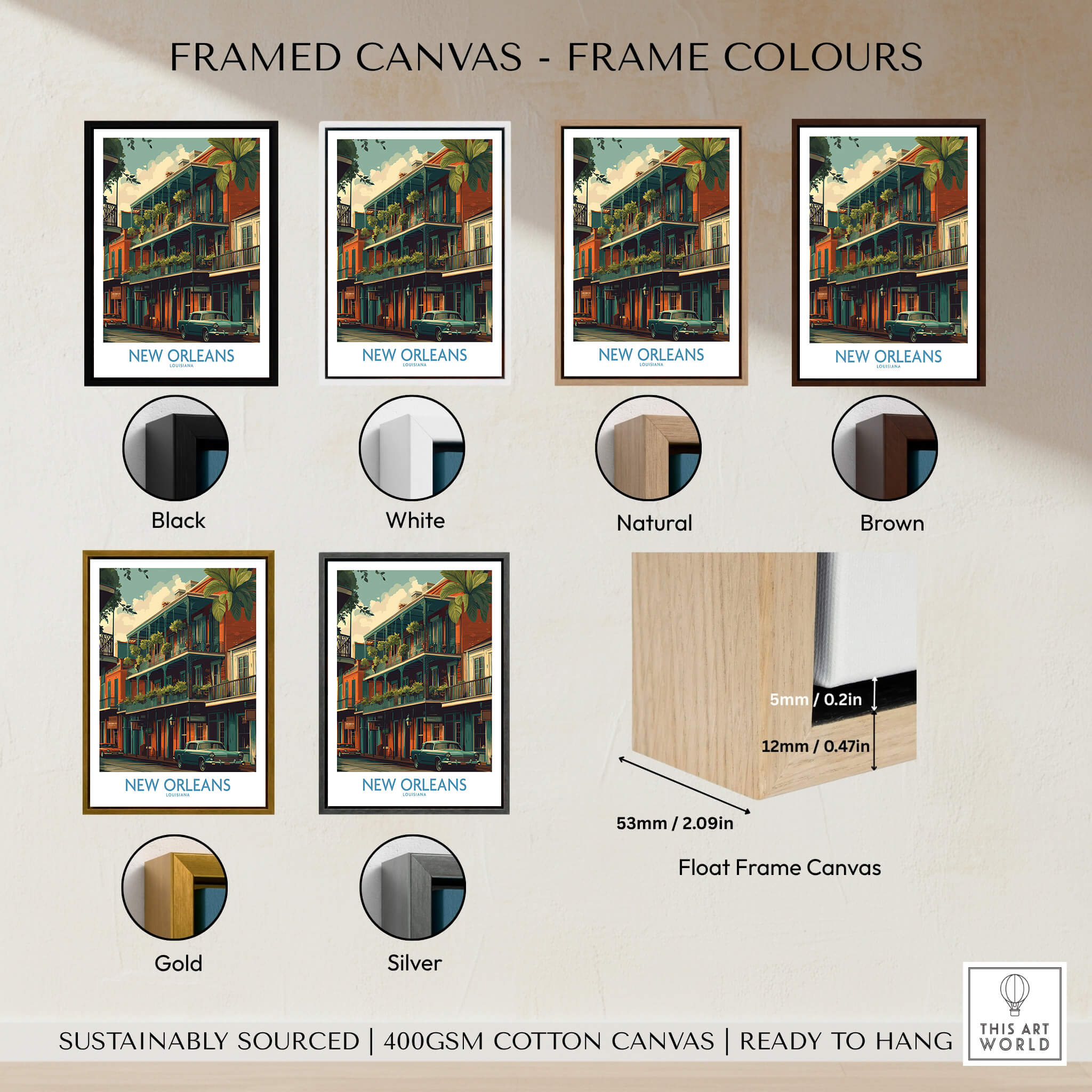 Framed canvas options for New Orleans Poster | Colorful Architecture Canvas Print showcasing various frame colors.
