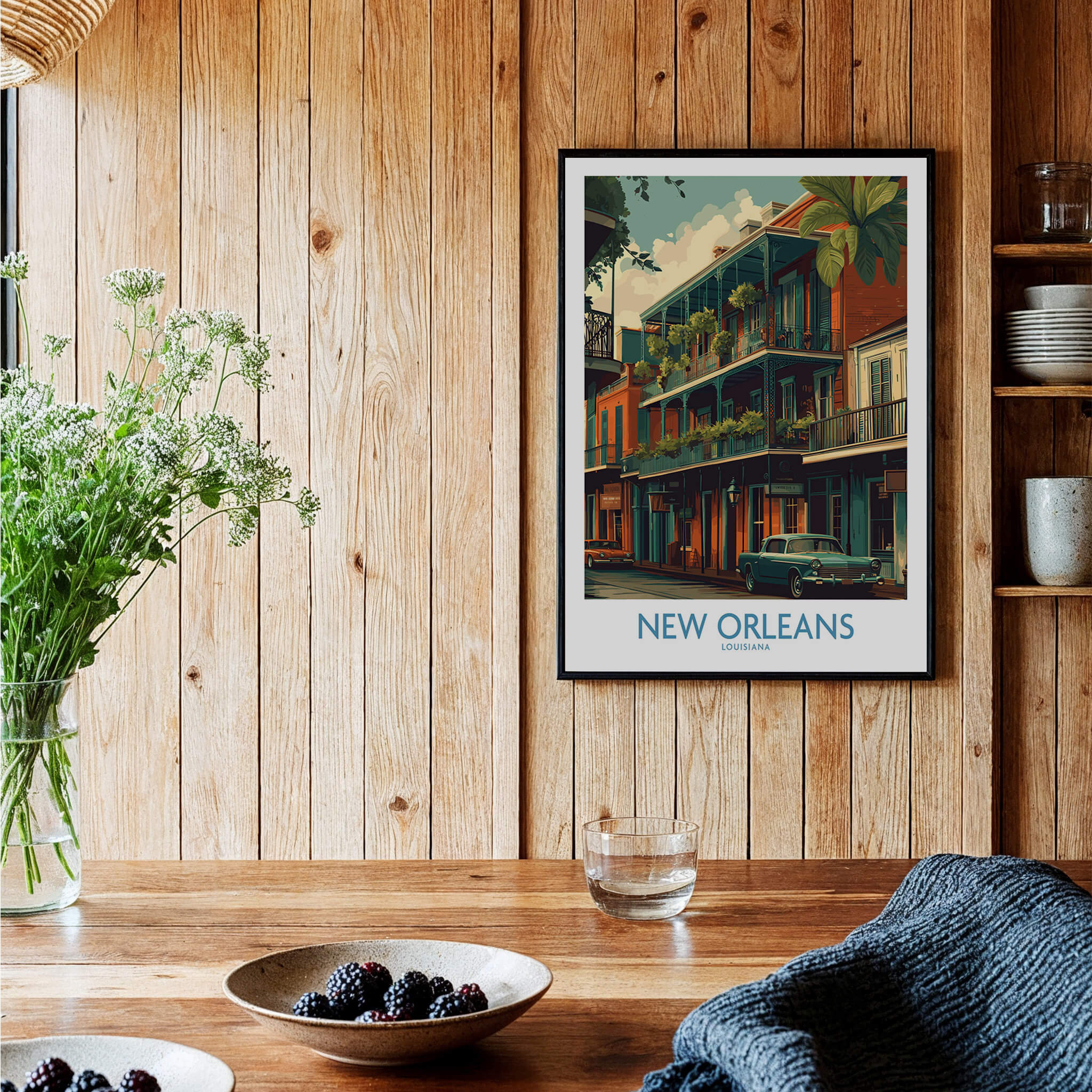 New Orleans Poster | Colorful Architecture Canvas Print displayed in a rustic kitchen with wooden walls and plants.