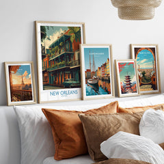 New Orleans Poster | Colorful Architecture Canvas Print featuring vibrant city scenes and framed art on a cozy sofa.