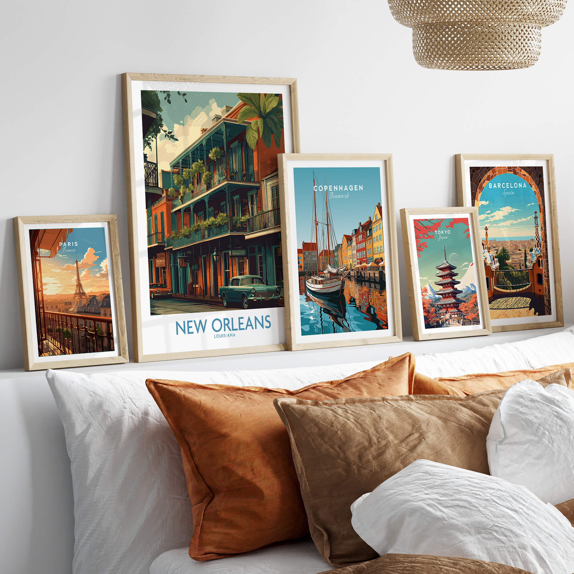New Orleans Poster | Colorful Architecture Canvas Print featuring vibrant city scenes and framed art on a cozy sofa.
