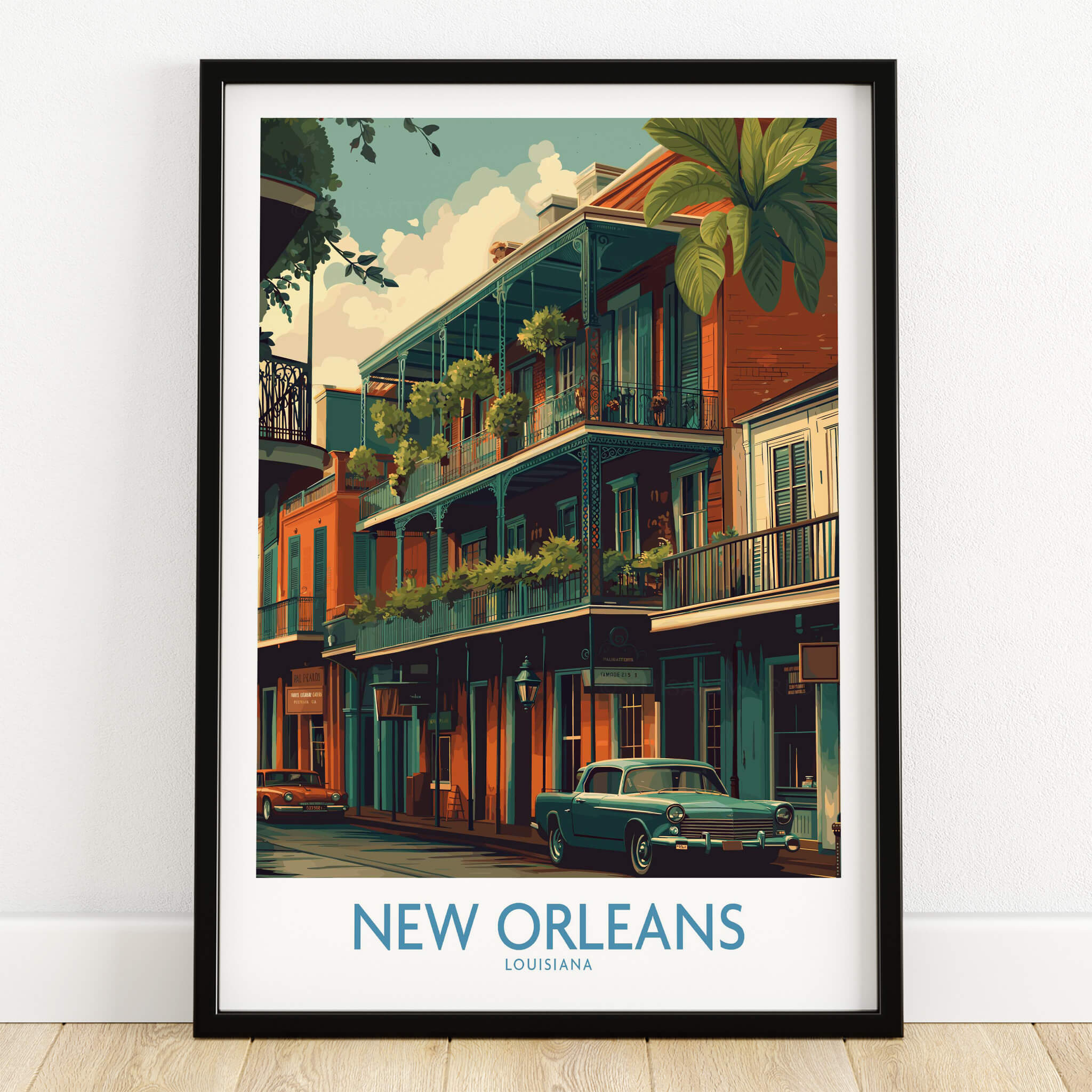 New Orleans Poster | Colorful Architecture Canvas Print featuring vibrant buildings and classic car.
