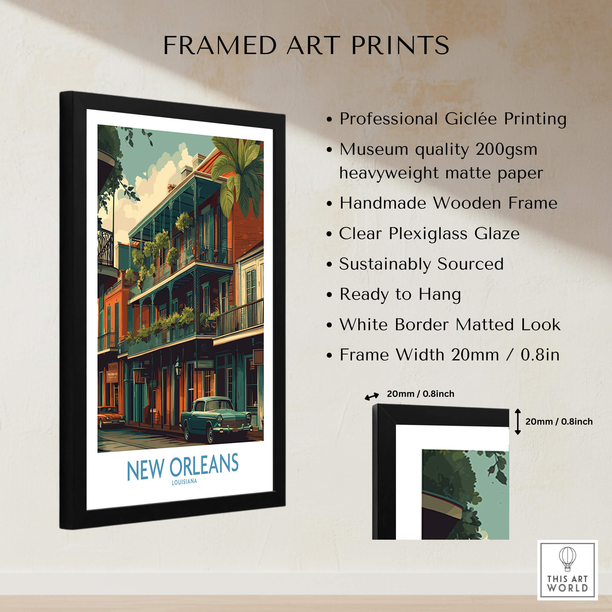 New Orleans Poster | Colorful Architecture Canvas Print showing framed art print with vibrant New Orleans architecture.