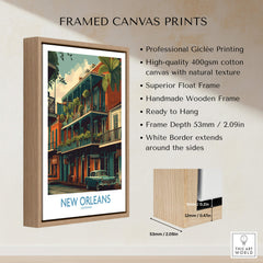 New Orleans Poster | Colorful Architecture Canvas Print framed with a wooden float frame showcasing vibrant architecture.