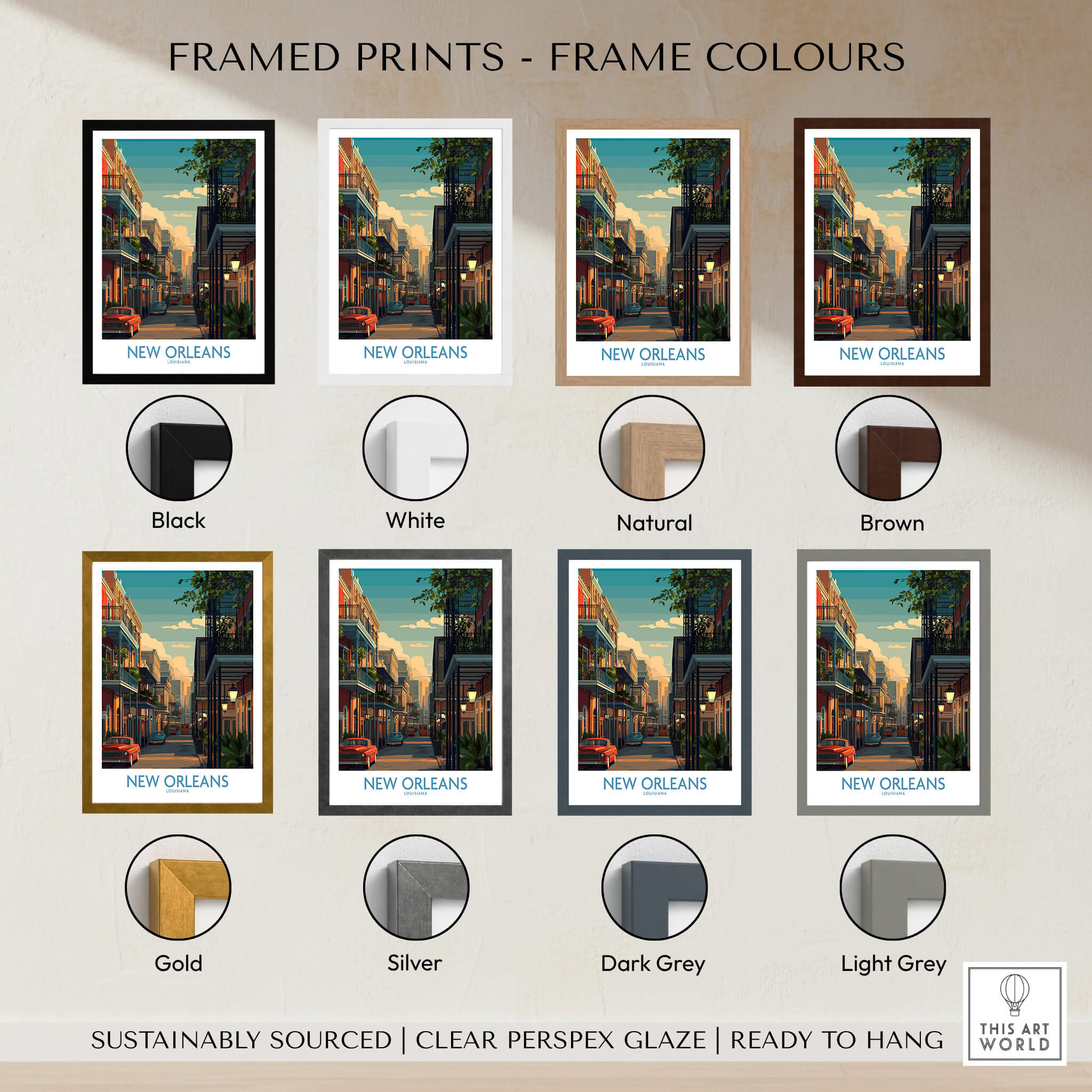 New Orleans Canvas Print | Louisiana Poster framed in various color options including black, white, natural, brown, gold, silver, dark grey, light grey.