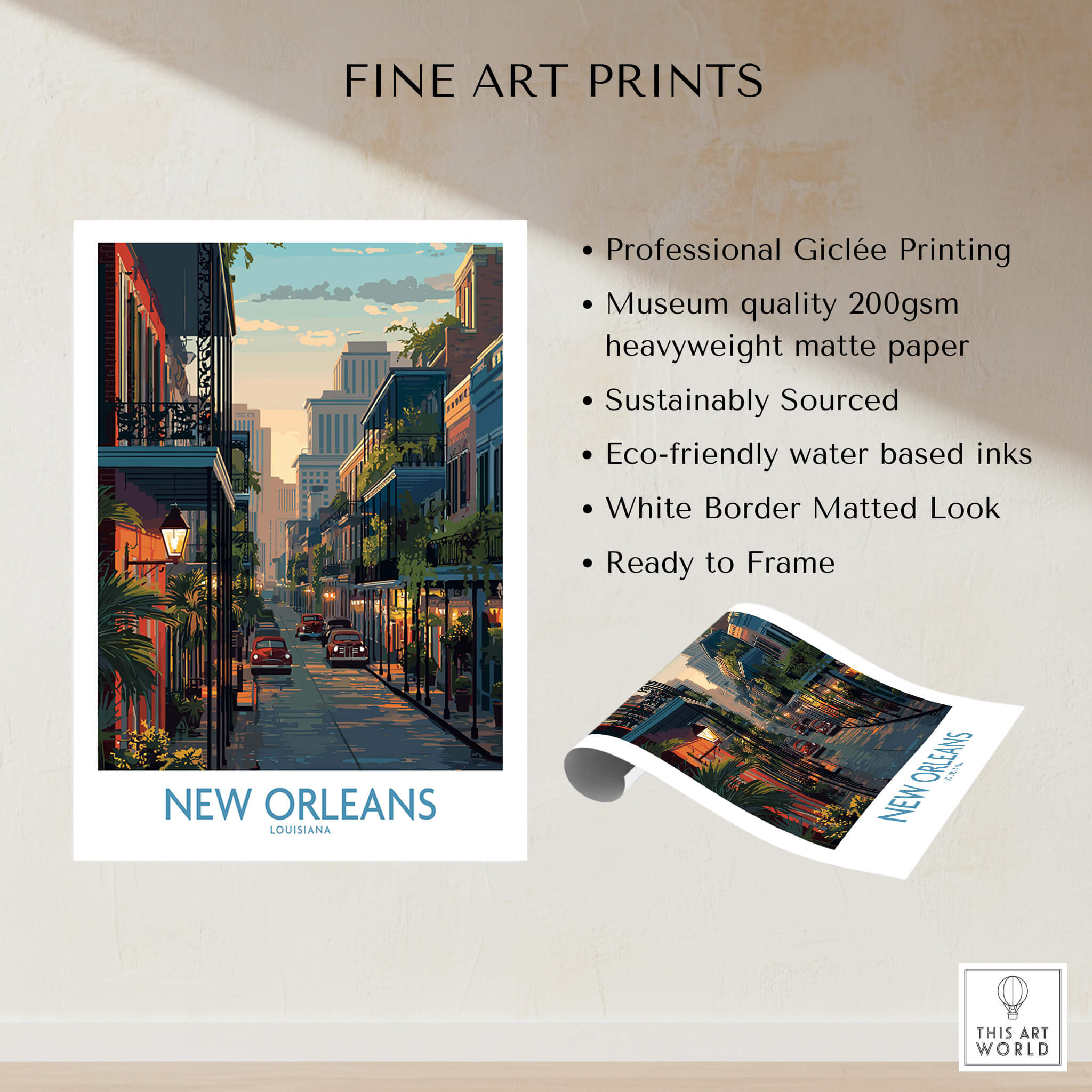 New Orleans Poster | Iconic Louisiana Cityscape Canvas Print showcasing vibrant street scene and historic architecture.
