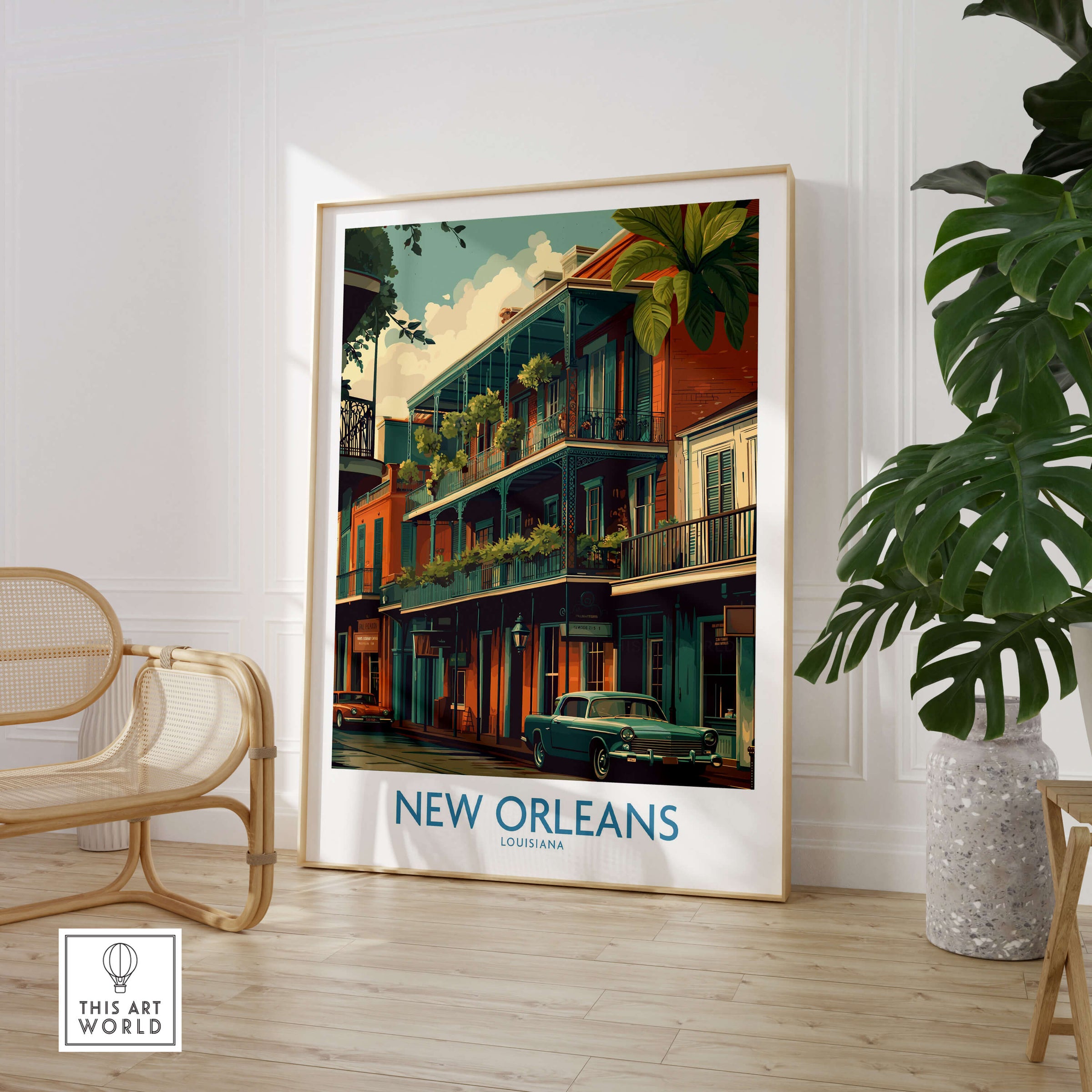 New Orleans Poster | Colorful Architecture Canvas Print showcasing vibrant buildings and lush greenery.