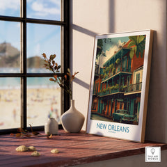 New Orleans Poster | Colorful Architecture Canvas Print displayed on a wooden table with beach view in the background.