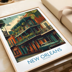 New Orleans Poster | Colorful Architecture Canvas Print featuring vibrant architecture and classic cars.