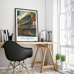 New Orleans Poster | Colorful Architecture Canvas Print displayed in a stylish office setting with modern decor.