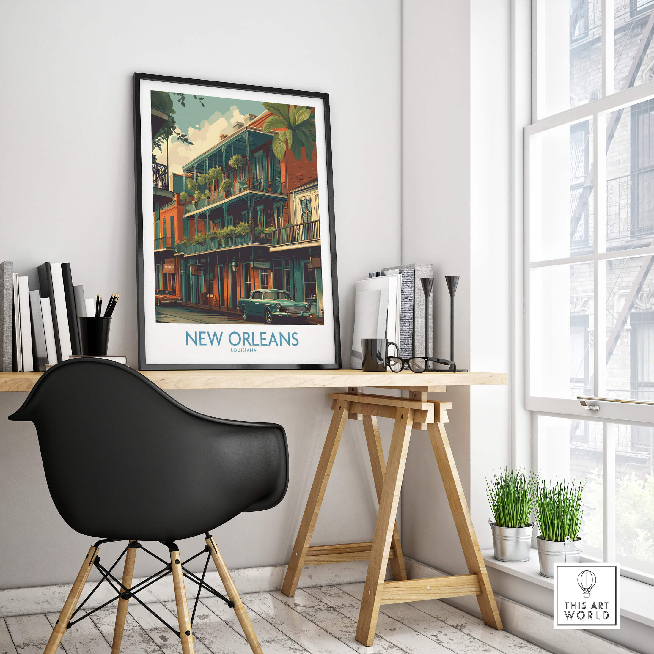 New Orleans Poster | Colorful Architecture Canvas Print displayed in a stylish office setting with modern decor.