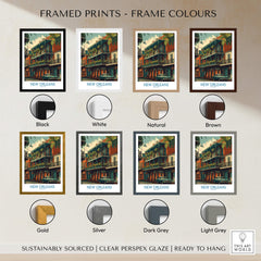 Framed prints showcasing color options for New Orleans Poster | Colorful Architecture Canvas Print.