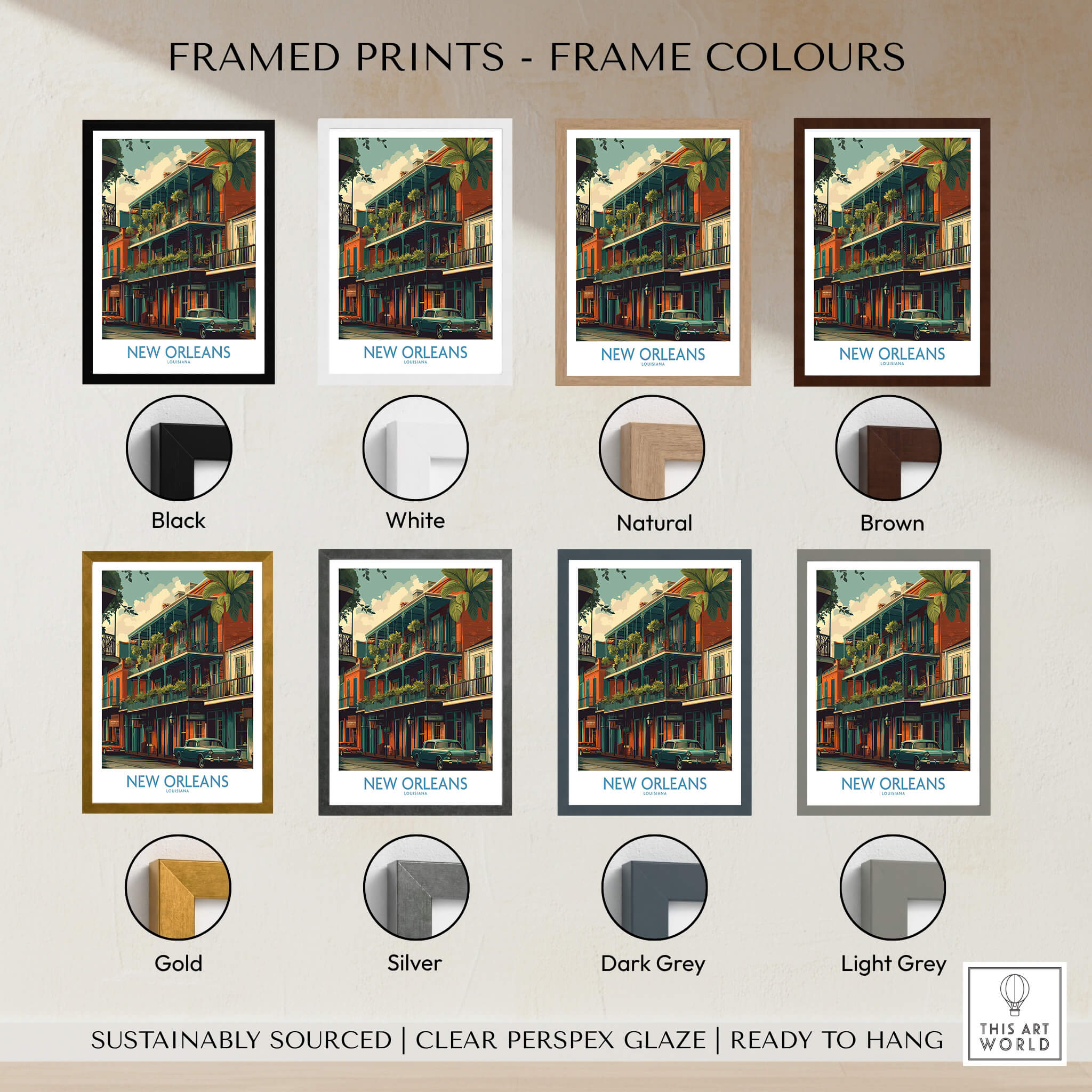 Framed prints showcasing color options for New Orleans Poster | Colorful Architecture Canvas Print.