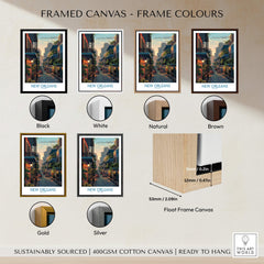 New Orleans Poster | Iconic Louisiana Cityscape Canvas Print options in various frame colors including black, white, natural, brown, gold, and silver.
