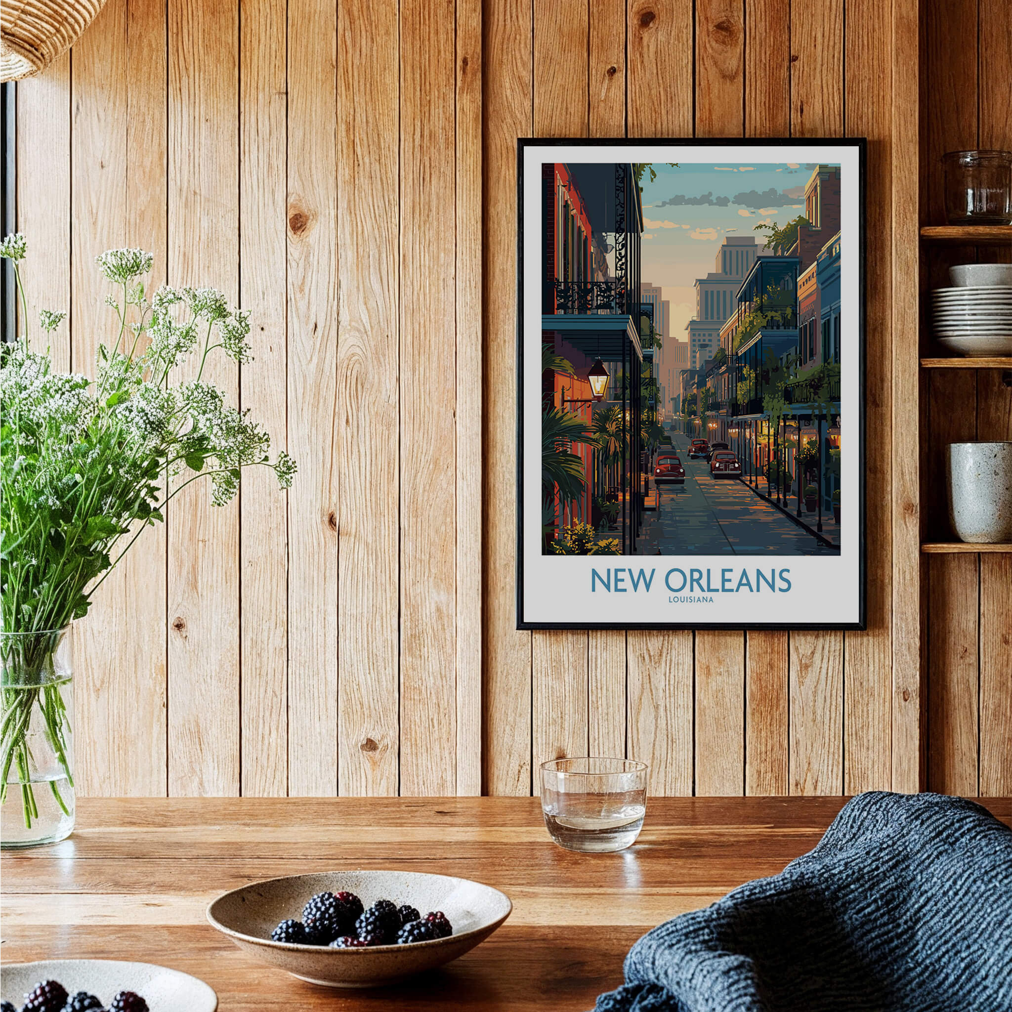 New Orleans Poster | Iconic Louisiana Cityscape Canvas Print showcased in a rustic dining space with wooden walls.