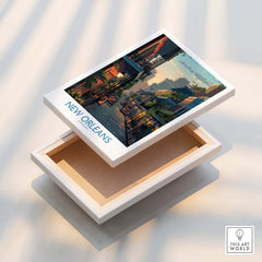 New Orleans Poster | Iconic Louisiana Cityscape Canvas Print on a opened box showcasing vibrant cityscape details.