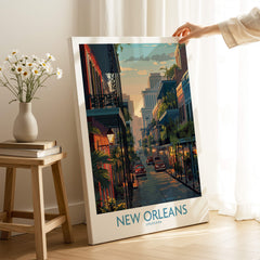 New Orleans Poster | Iconic Louisiana Cityscape Canvas Print displayed in a cozy room with flowers.