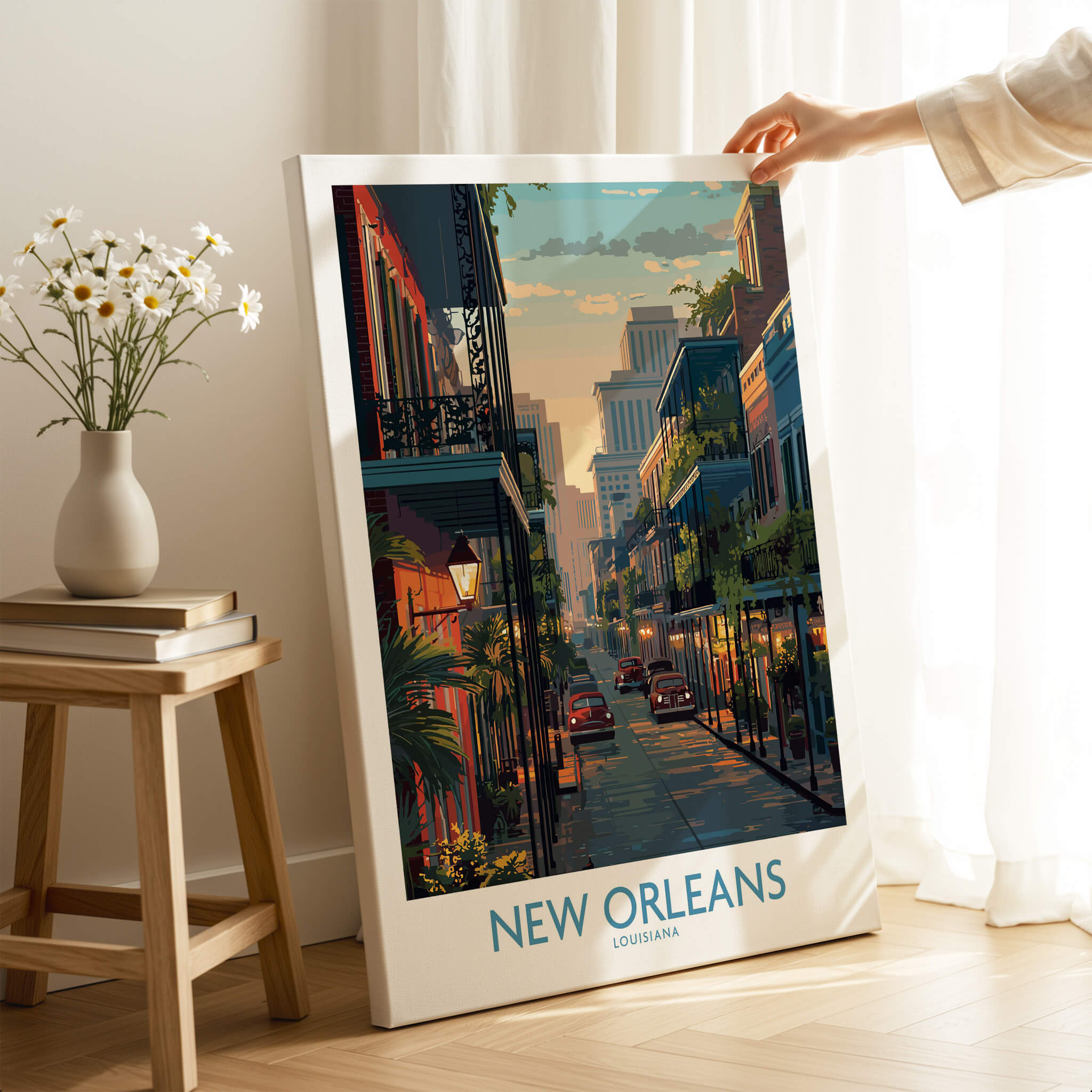 New Orleans Poster | Iconic Louisiana Cityscape Canvas Print displayed in a cozy room with flowers.