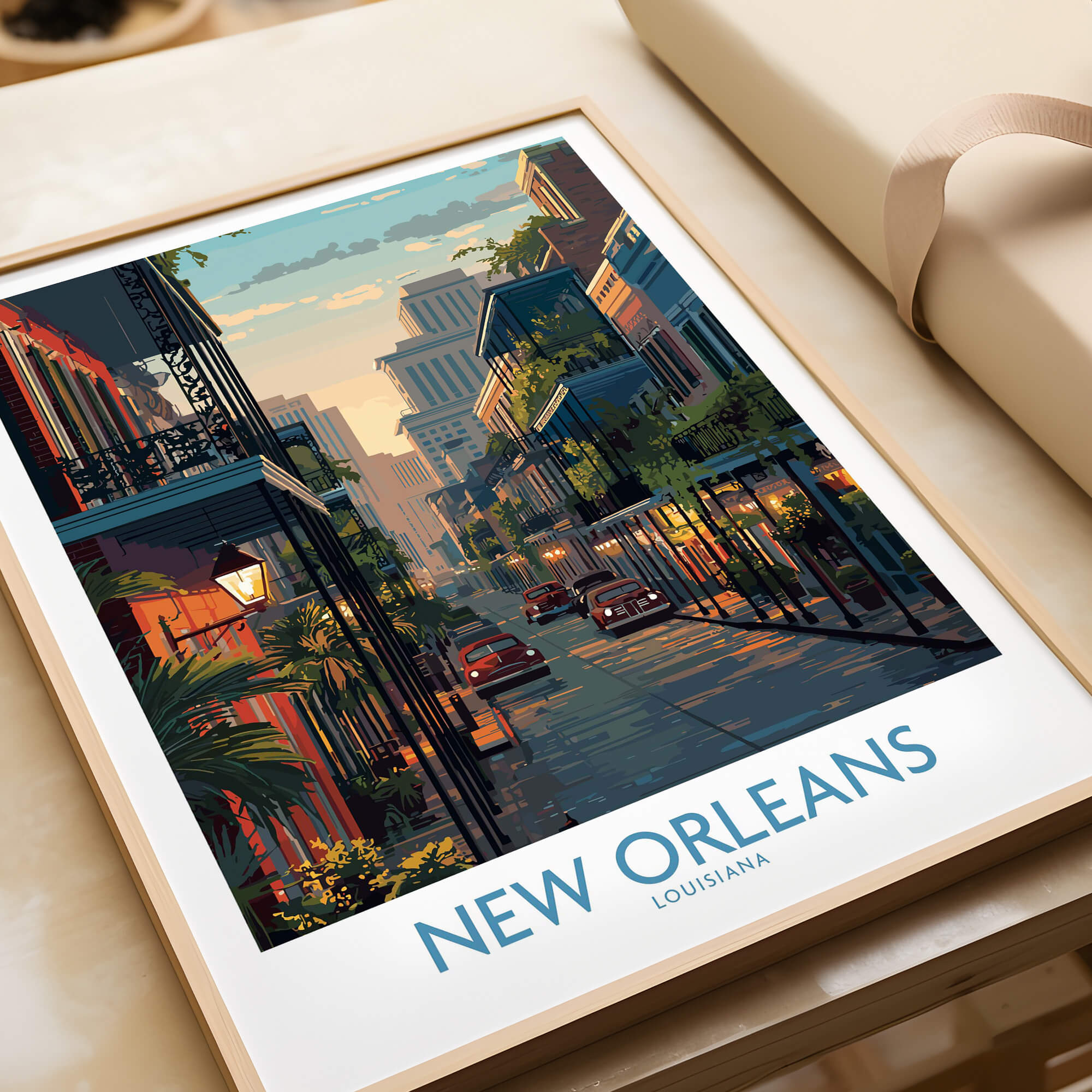 New Orleans Poster | Iconic Louisiana Cityscape Canvas Print showcasing a vibrant street scene in New Orleans.