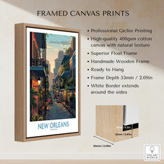New Orleans Poster | Iconic Louisiana Cityscape Canvas Print in a stylish wooden frame with professional giclée printing.