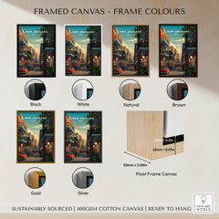 Framed canvas options for New Orleans Travel Poster | Tropical French Quarter Wall Art Print in various colors.