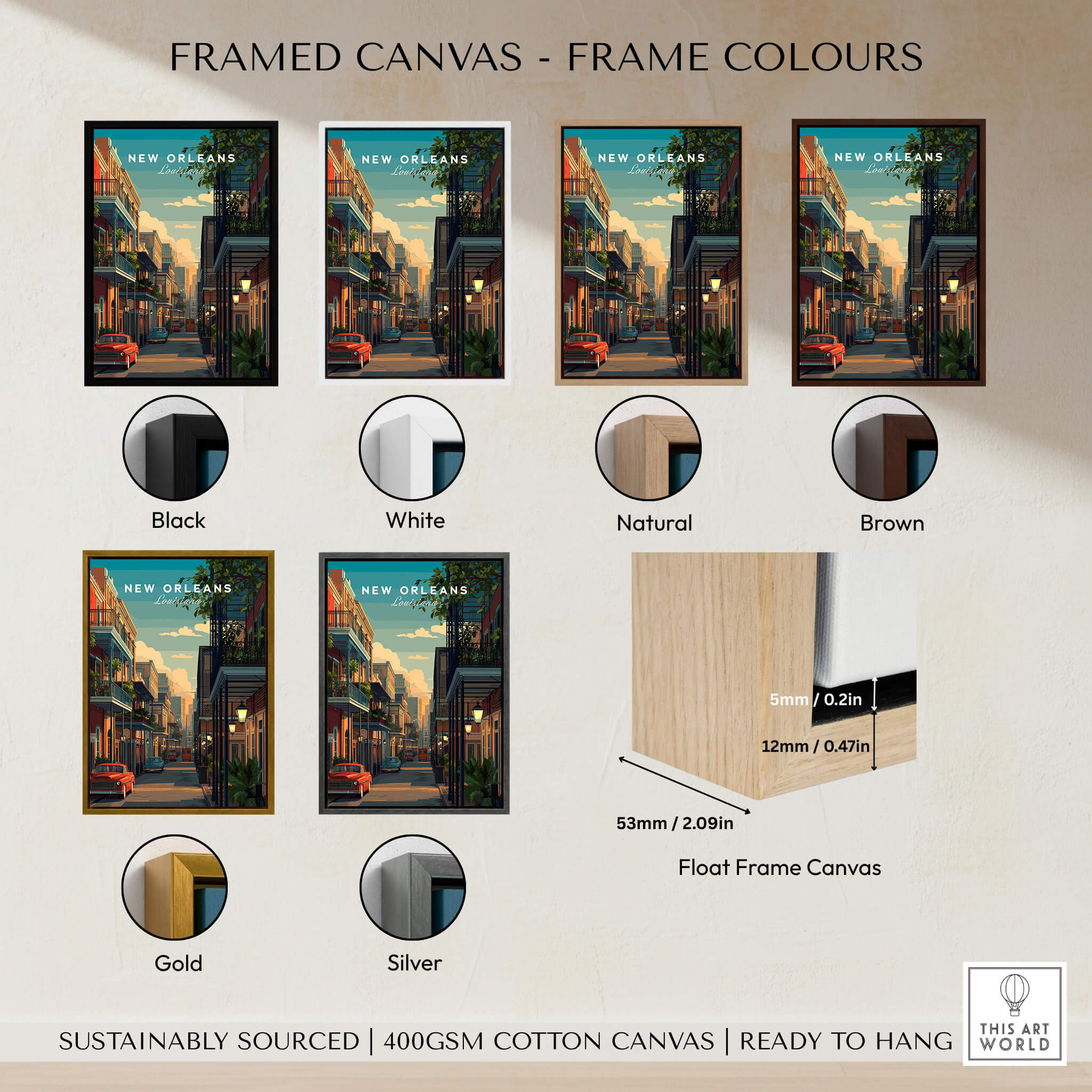 Framed canvas options for New Orleans Travel Poster | Tropical French Quarter Wall Art Print in various colors.