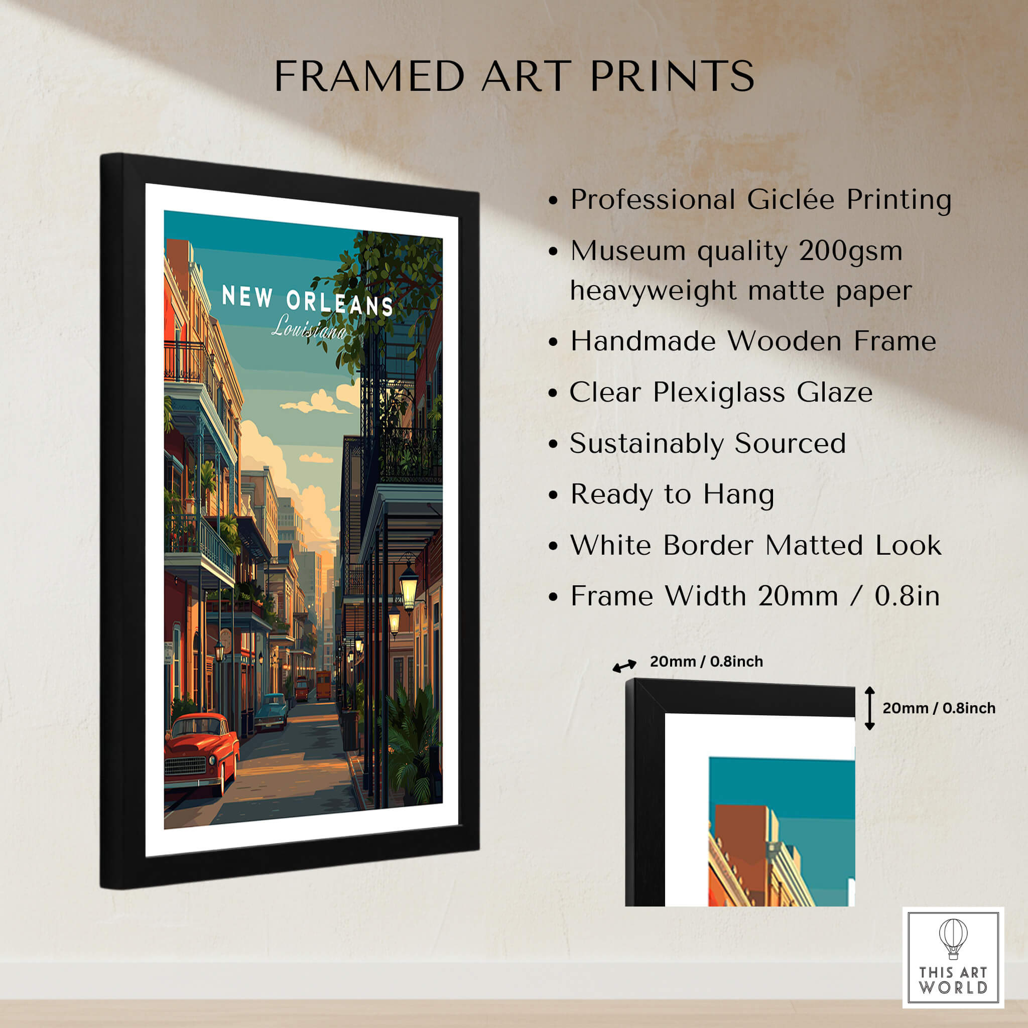 New Orleans Travel Poster | Tropical French Quarter Wall Art Print framed with clear plexiglass and wooden frame, showcasing vibrant architecture.