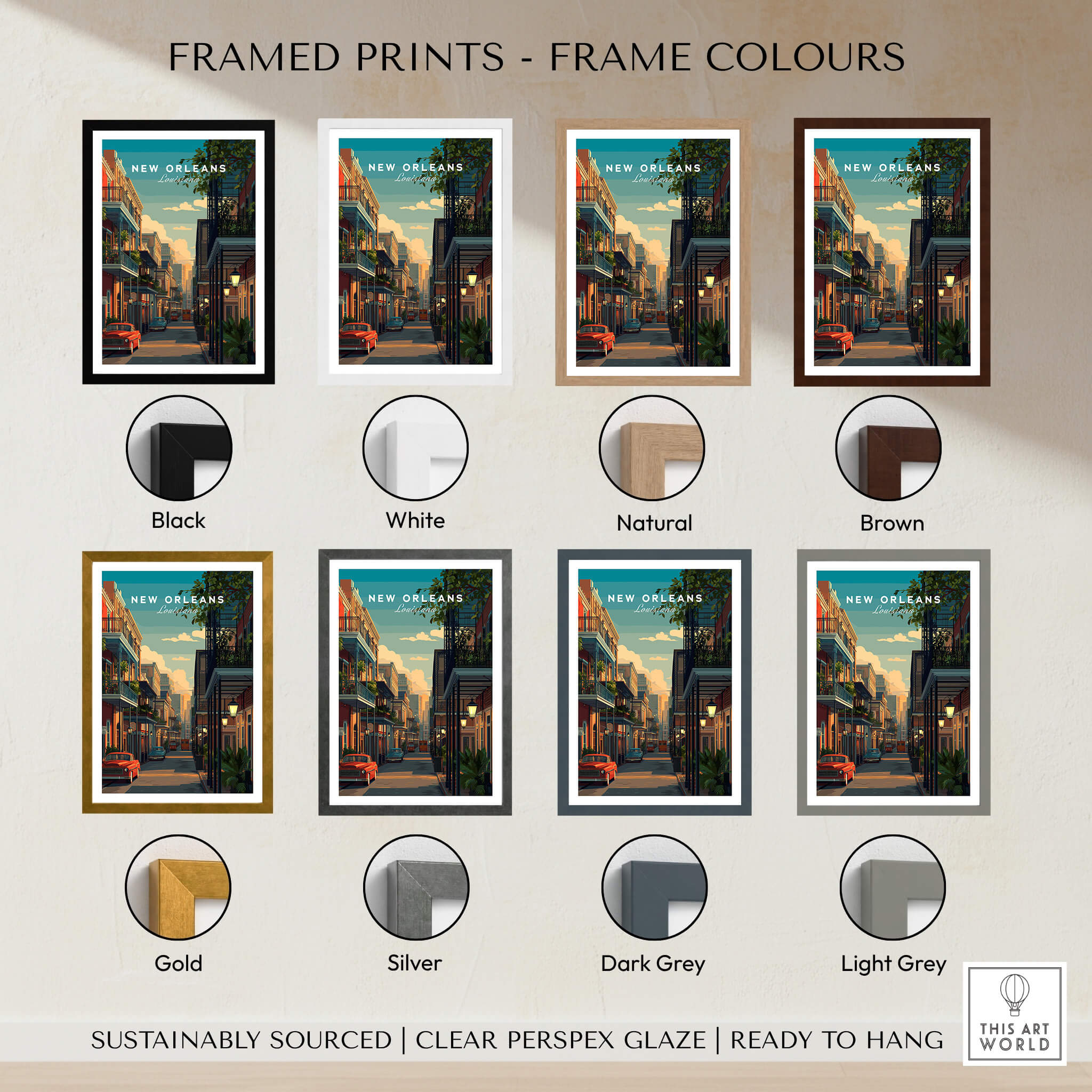 Framed prints showcasing frame colors for New Orleans Travel Poster | Tropical French Quarter Wall Art Print.