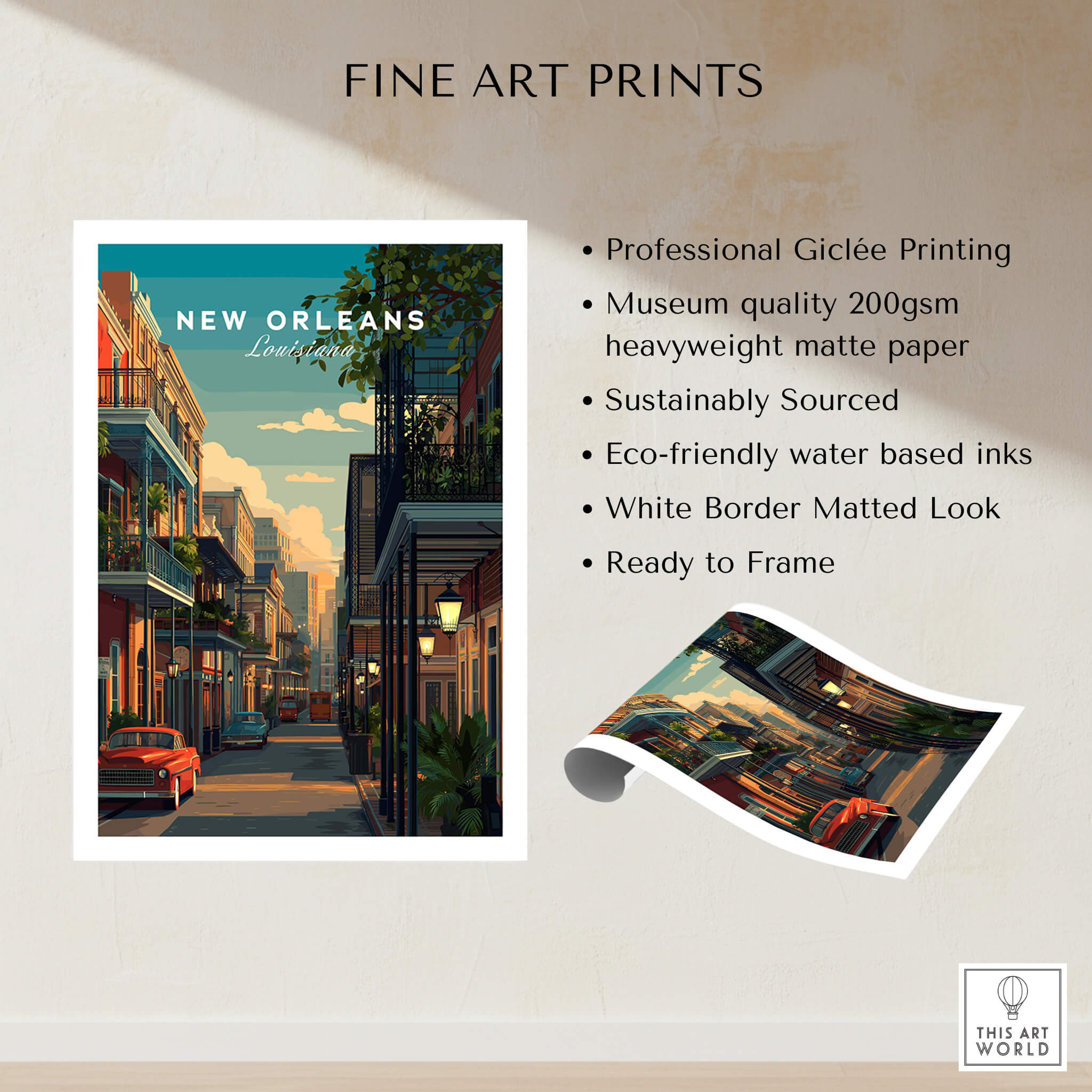 New Orleans Travel Poster | Tropical French Quarter Wall Art Print featuring classic architecture and lush gardens.