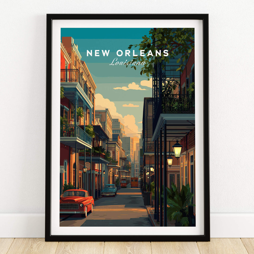 New Orleans Travel Poster | Tropical French Quarter Wall Art Print featuring a vibrant street scene with colonial architecture.