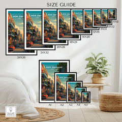 New Orleans Travel Poster | Tropical French Quarter Wall Art Print size guide showcasing various frame sizes.