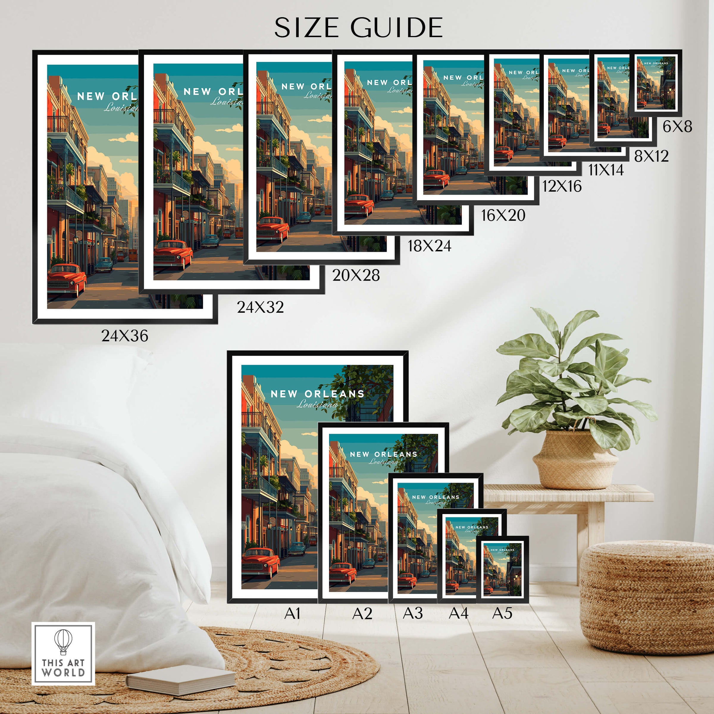 New Orleans Travel Poster | Tropical French Quarter Wall Art Print size guide showcasing various frame sizes.