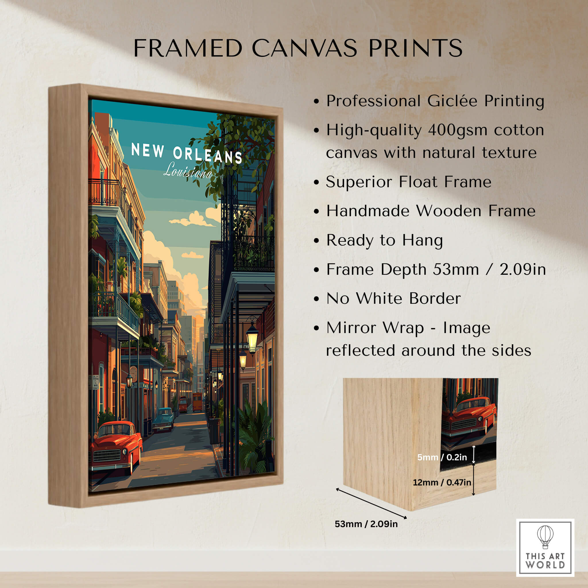 New Orleans Travel Poster | Tropical French Quarter Wall Art Print featured on a framed canvas print with wooden frame.