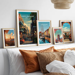 New Orleans Travel Poster | Tropical French Quarter Wall Art Print displayed in a cozy living room setting.