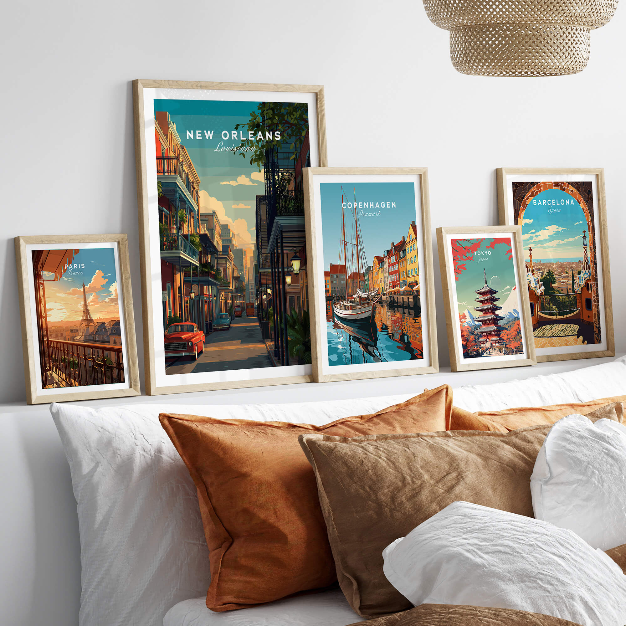 New Orleans Travel Poster | Tropical French Quarter Wall Art Print displayed in a cozy living room setting.