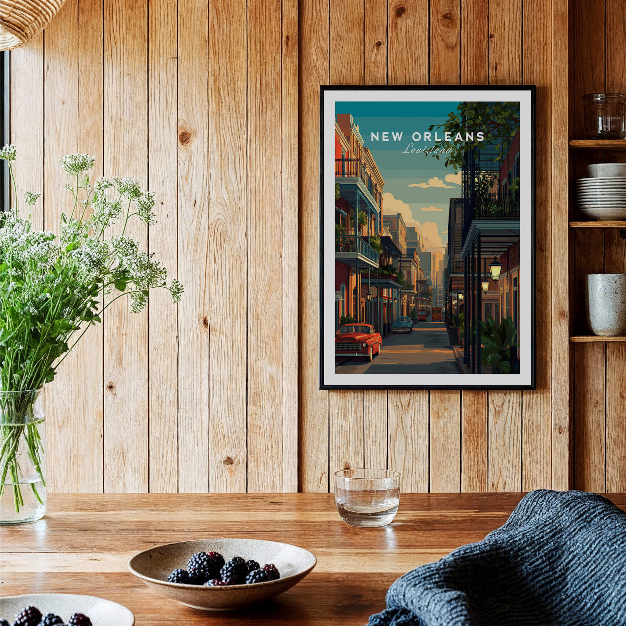New Orleans Travel Poster | Tropical French Quarter Wall Art Print displayed in a cozy interior with wooden accents.
