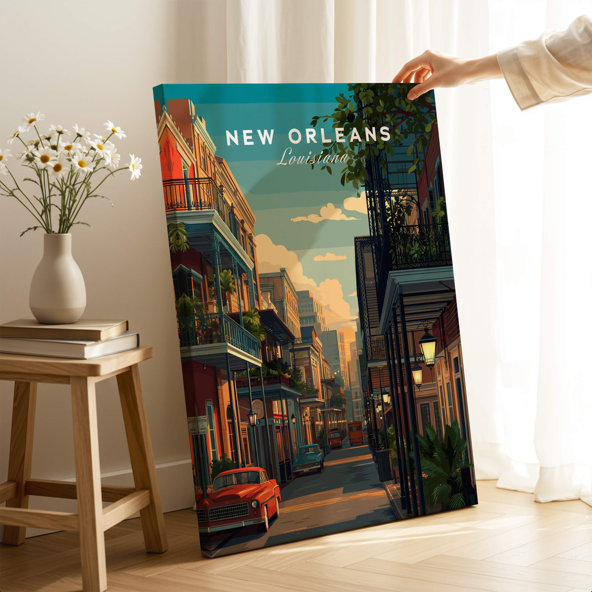 New Orleans Travel Poster | Tropical French Quarter Wall Art Print featuring a street scene in New Orleans.