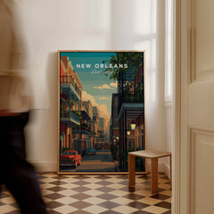 New Orleans Travel Poster | Tropical French Quarter Wall Art Print featuring vibrant street scene and classic architecture.