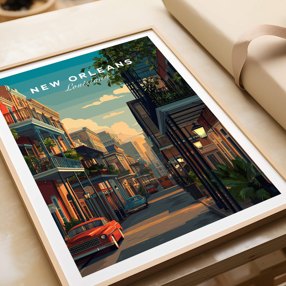 New Orleans Travel Poster | Tropical French Quarter Wall Art Print featuring colonial architecture and lush greenery.