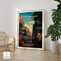 New Orleans Travel Poster | Tropical French Quarter Wall Art Print showcasing lush streets and colonial architecture.