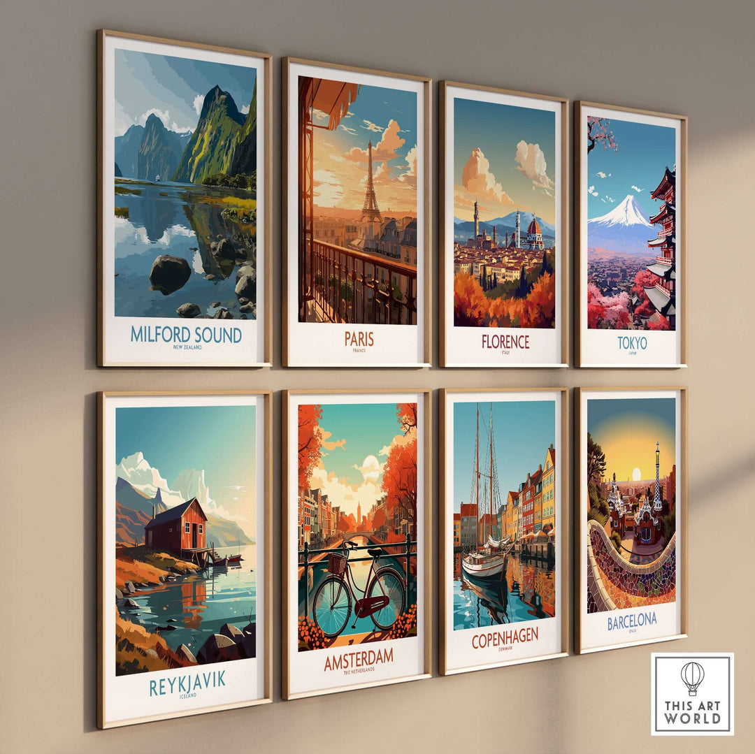 Gallery of travel posters featuring cities like Milford Sound, Paris, Florence, and Tokyo in vibrant colors.