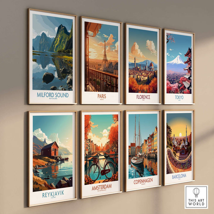 Gallery of travel posters featuring cities like Milford Sound, Paris, Florence, and Tokyo in vibrant colors.