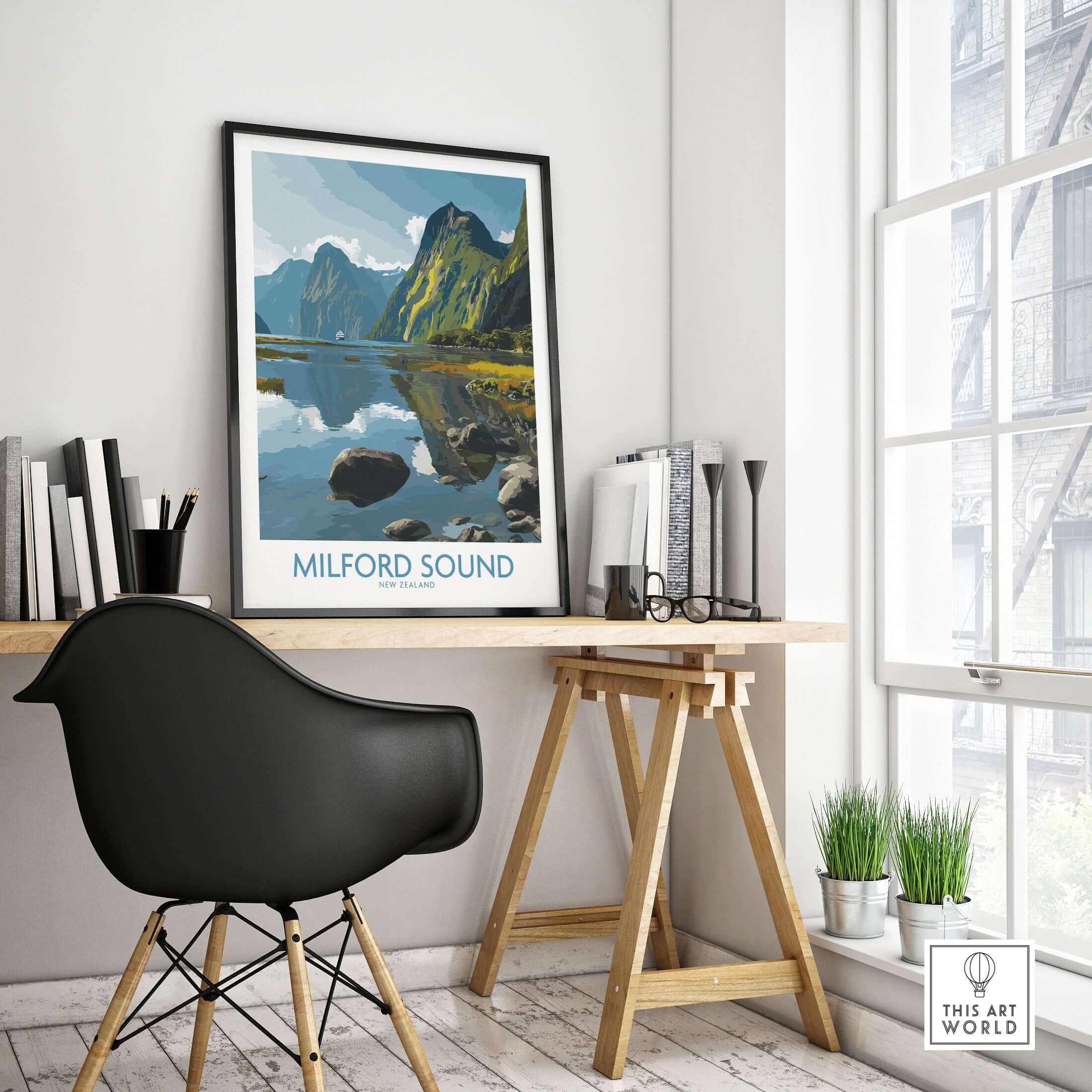 New Zealand Fiordland Poster Milford Sound Reflection Print Travel Landscape Wall Art displayed in a modern office setting.