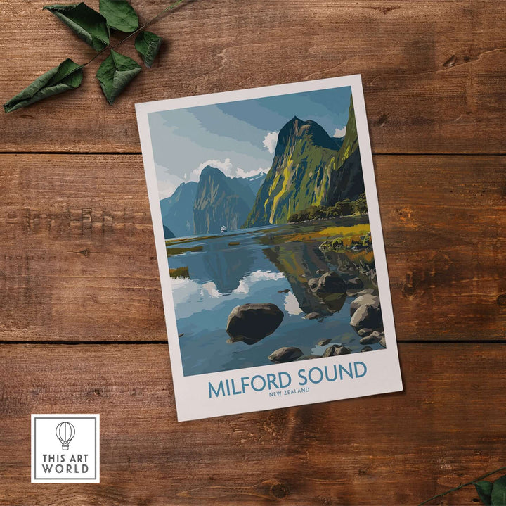 Milford Sound travel poster depicting stunning reflections of cliffs and water, showcasing New Zealand's Fiordland.
