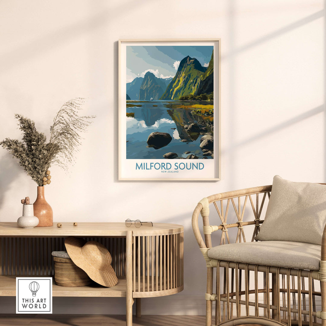 Milford Sound print showcasing serene cliffs and reflections in a modern living room decor setting.
